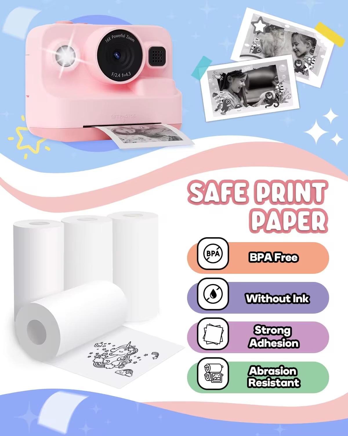 Mini-printpapier Afdrukken Camera Navulling Thermisch papier 10 rollen BPA-vrij Compatibel met alle 57 mm thermische zakprinters