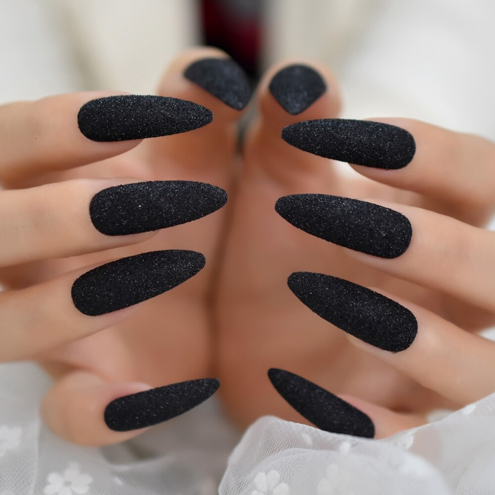 Black Glitter Shimmer False Nails Extra Long Pointed Ladies Faux Ongles Party Beautiful Decorated 24: L5587