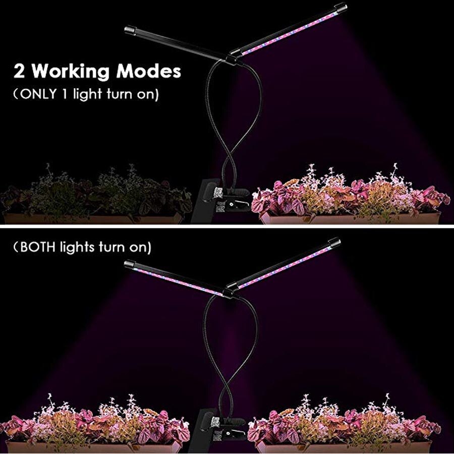 18W USB powered double-head LED plant growth light, 3/6 / 12H timer flexible gooseneck clip for indoor plants /