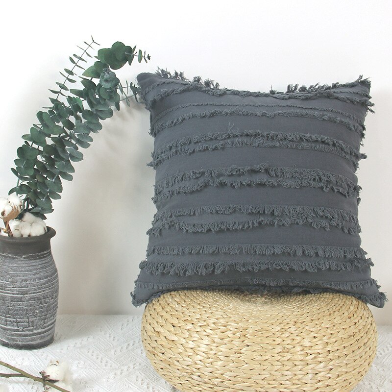 Katoen Linnen Kussensloop Kwastje Jacquard Fijne Steek Perfecte Afwerking Woonkamer Sofa Auto Decoratieve Thuis Kussens: Gray blue