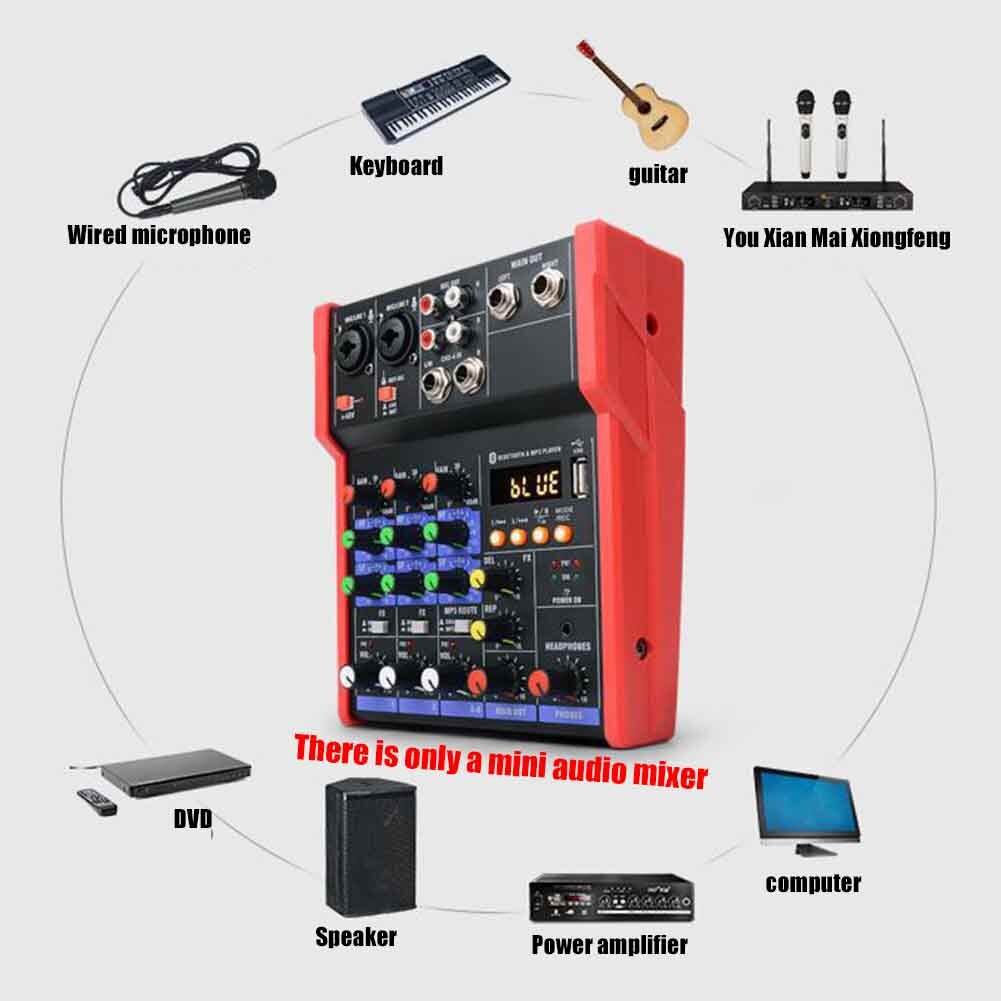 4 Channels Sound Card DJ Console Stereo Mini Audio Mixer Karaoke Music Home Protable USB 5V Bluetooth Live Performance Studio