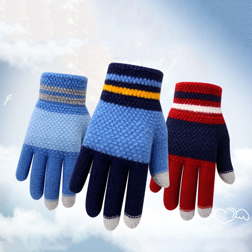 Vinter børn stribe fuld finger touch screen strikkede handsker varme tykkere vanter vinter børn varme handsker 4 farver