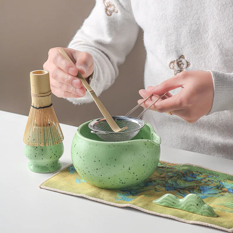 Kit Matcha 5 Pièces – Bol 1500 Ml, Fouet Bambou, Tamis Inox, Cuillère, Support, Pour Cérémonie Du Thé, Préparation Facile
