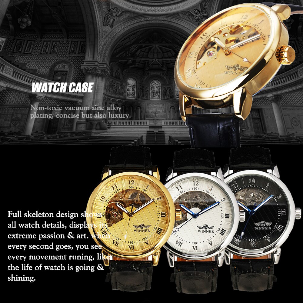 Luxe Gold Mechanical Hand Wind Horloges Mannen Lederen Band Mechanische Horloges Mannen Goedkope Prijs Montre Homme