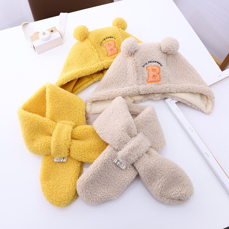 Doitbest vindtät baby barn mössa två bollar b bokstäver lammull varma pojkstickade mössor vinter 2 st pojke tjej mössa scarf set