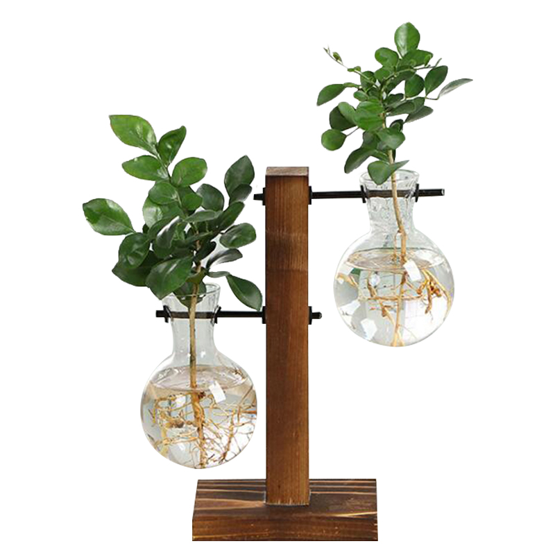 Hydrocultuur Plant Vazen Vintage Bloempot Transparante Vaas Houten Frame Glas Tafelblad Planten Thuis Bonsai Decor