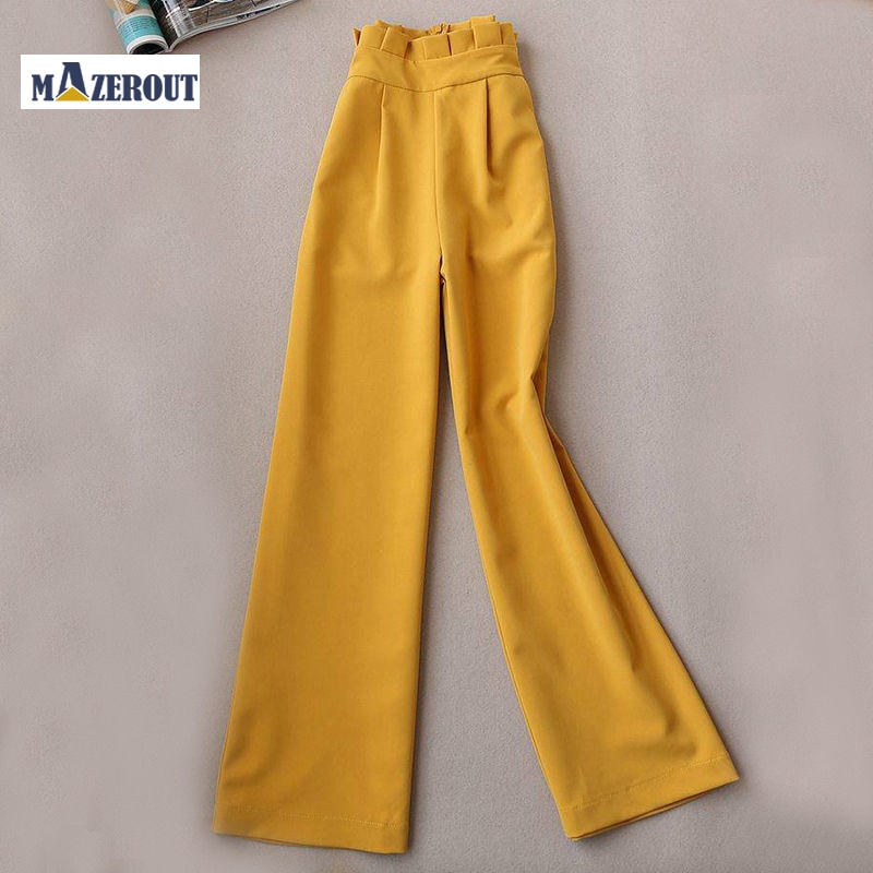 Pantalones MAZEROUT elegantes para mujer, color negro amarillo, con bolsillos, cremallera, color sólido, ropa de calle para mujer , pantalones elegantes informales de cintura alta