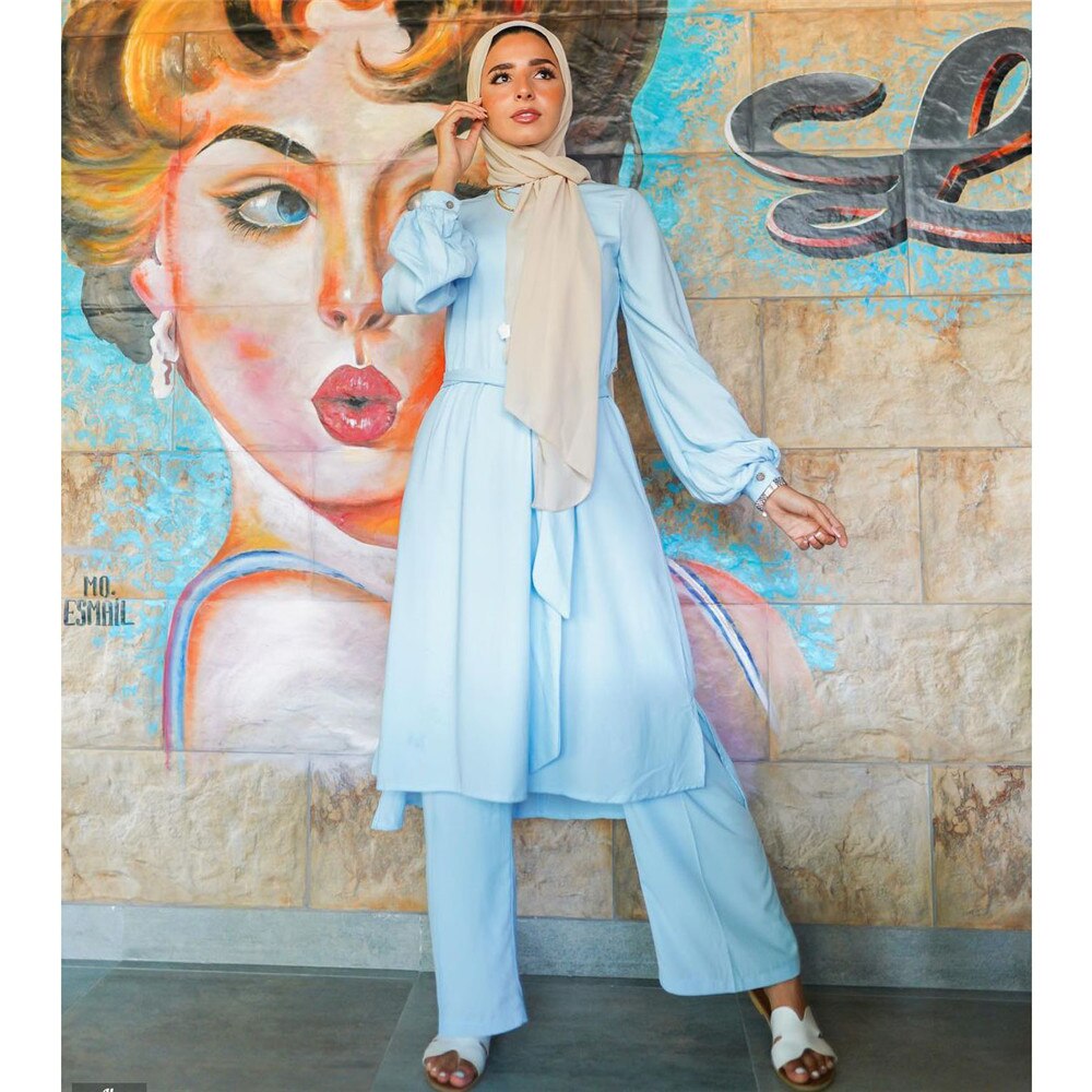 2 Piece Set Muslim Women Outfits Long Sleeve Tops Wide Leg Pants Sets Blouse Trousers Islamic Clothing Dubai Abaya Turkey Kaftan