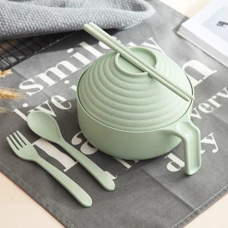 Cuenco de paja de trigo y fideos de estilo japonés, juego de vajilla ecológico con tapa y mango, tazón de sopa, tazón de arroz para ensalada y microondas: Verde