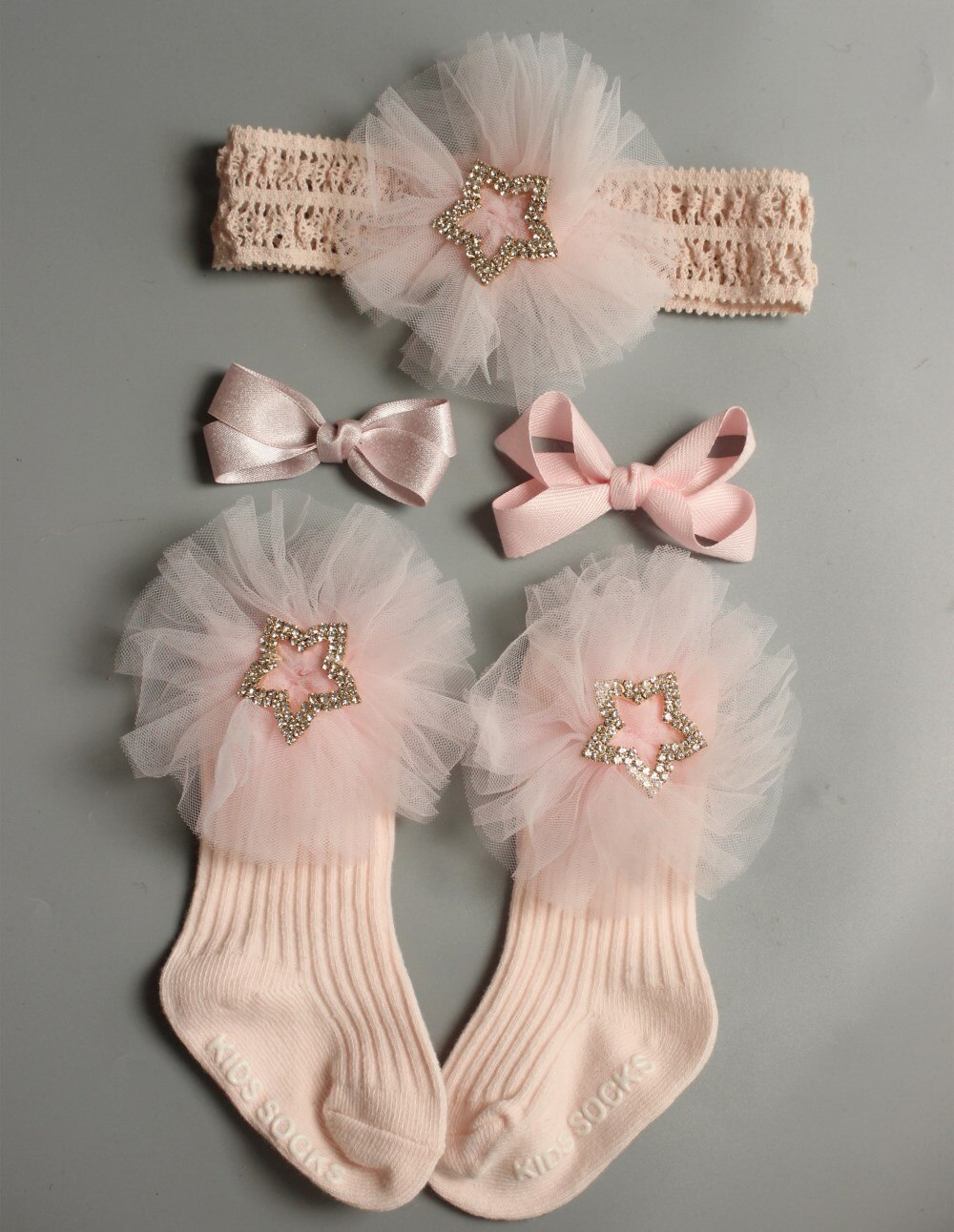 4pcs/Sets Newborn Baby Girl Boy Socks Lace Ruffle Tutu Socks Frilly Ankle Princess Anti Slip Socks+Headband+Hair Pin 0-24M: B