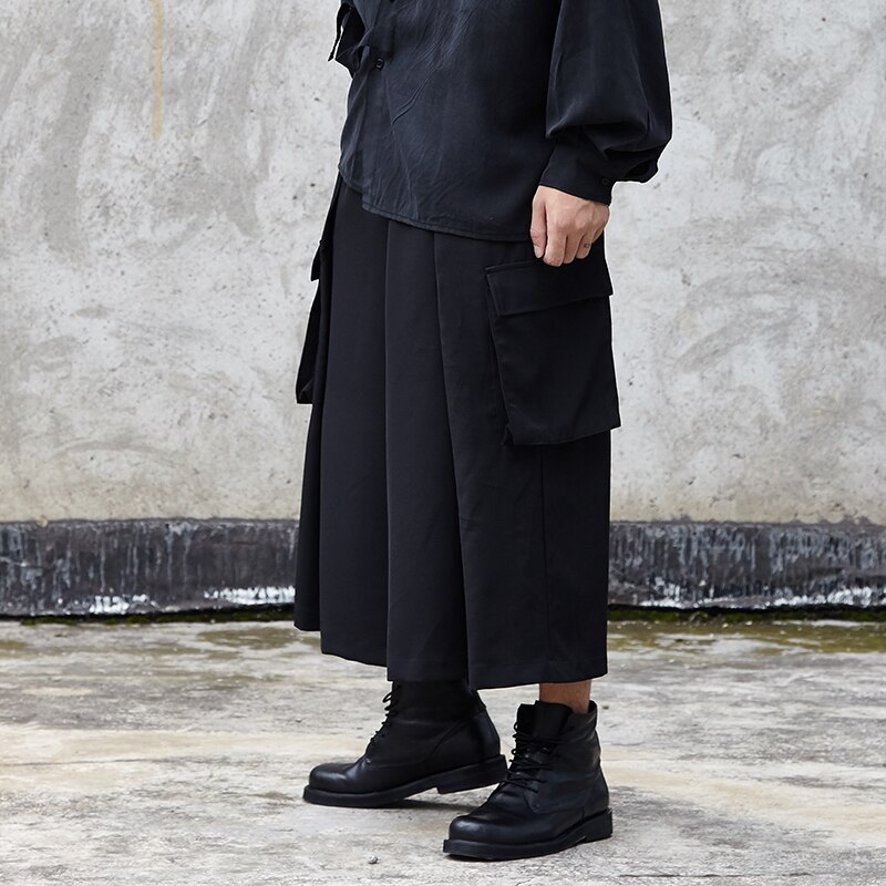 Men's nine minute trousers spring/summer Yamamoto style Dark Black Japanese culottes low crotch wide leg trousers for men