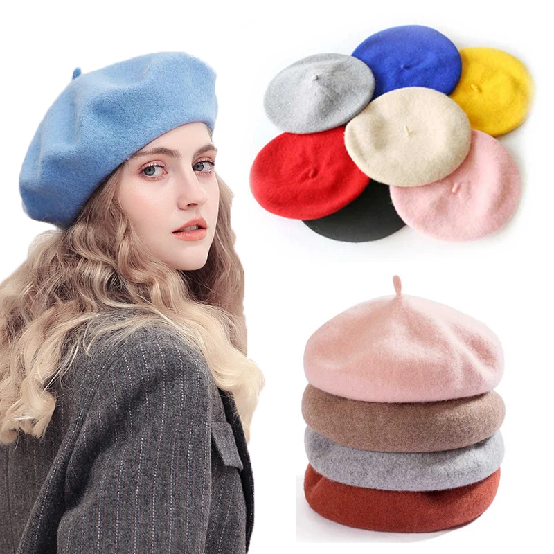 Kobiety Dziewczyny Beret Francuskie wełniane czapki Ciepła zimowa czapka Berety Vintage Berety w jednolitym kolorze Eleganckie damskie czapki zimowe Czapki