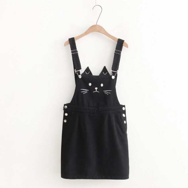 Women Strap Skirt Kawaii Cute Cat Ear Embroidery Suspender Skirt Mini Skirts Japanese Style Mori Girl Lolita 8446: Black / L