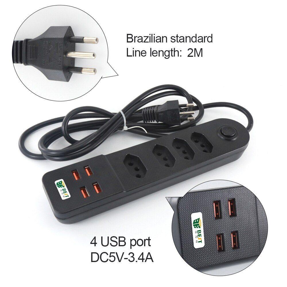 1Pcs Power Socket Brazilian Standard Plug 4 gang Electrical Sockets with 4 USB Ports Brazilian Standard Extension Power Outlet