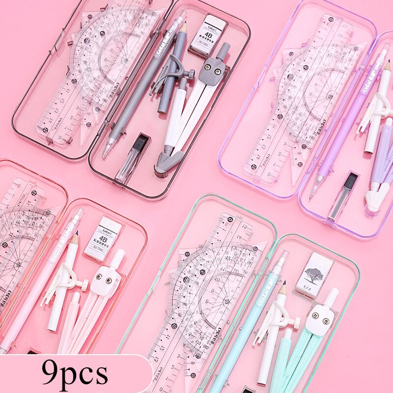 9pcs/set Drawing Compasses Drafting Straight Ruler Test Protractor Compass Tool Math Geometry Set Painting Tool