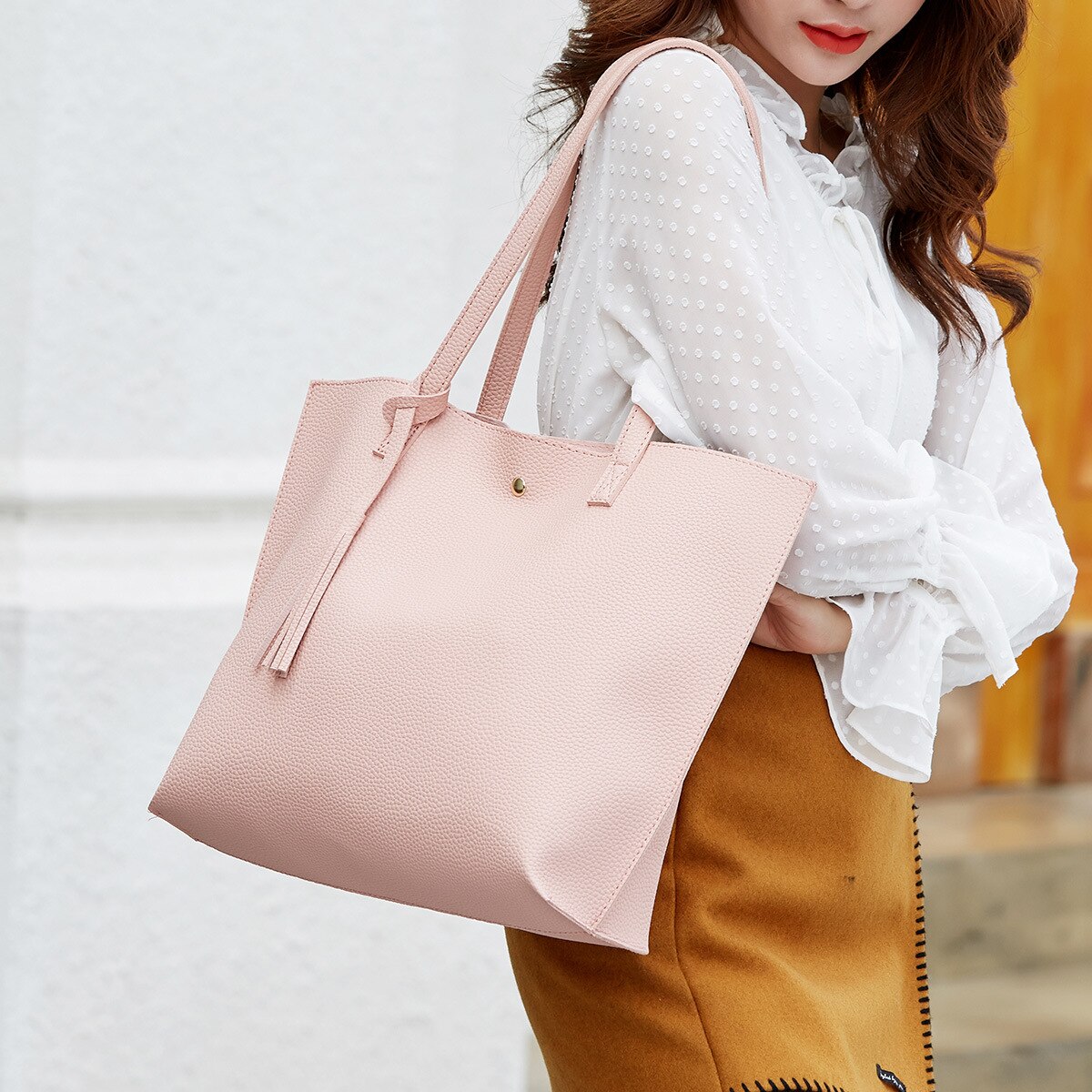 Mode Grote Capaciteit Vrouwen Schoudertassen Tassel Tote Handtas Boodschappentas Groene Bakken Vrouwen Tas: Roze
