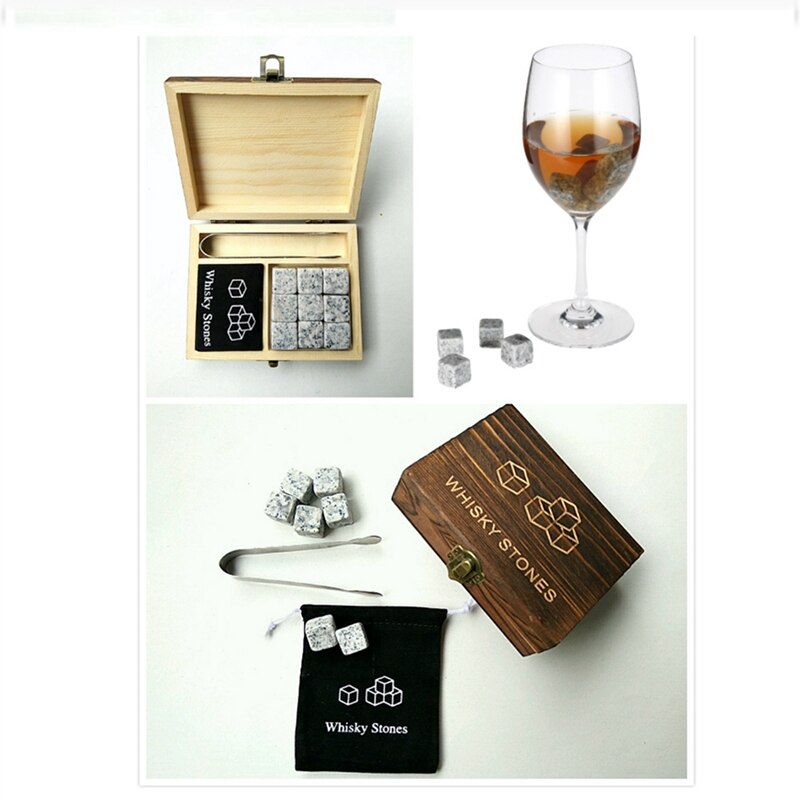 2 sæt whisky sten med ord trækasse whisky klipper sten firkantet sten træ kasse - grå & hvid