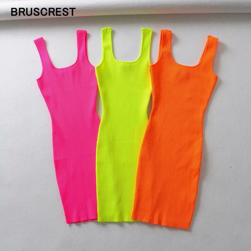 2020 vestido rosa neon verde verão, vestido com borrachas de fluorescência, bodycon, tanque, praia, casual, mini vestido