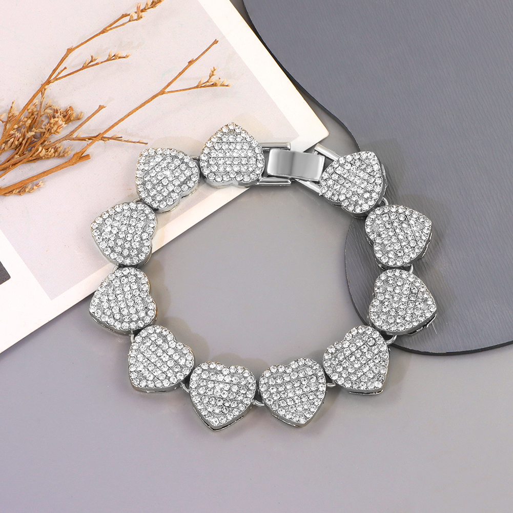 Crystal Heart Cuban Link Ketting Armband Voor Vrouwen Full Strass Hiphop Luxe Bling Chunky Armband Bruiloft Sieraden Cadeau