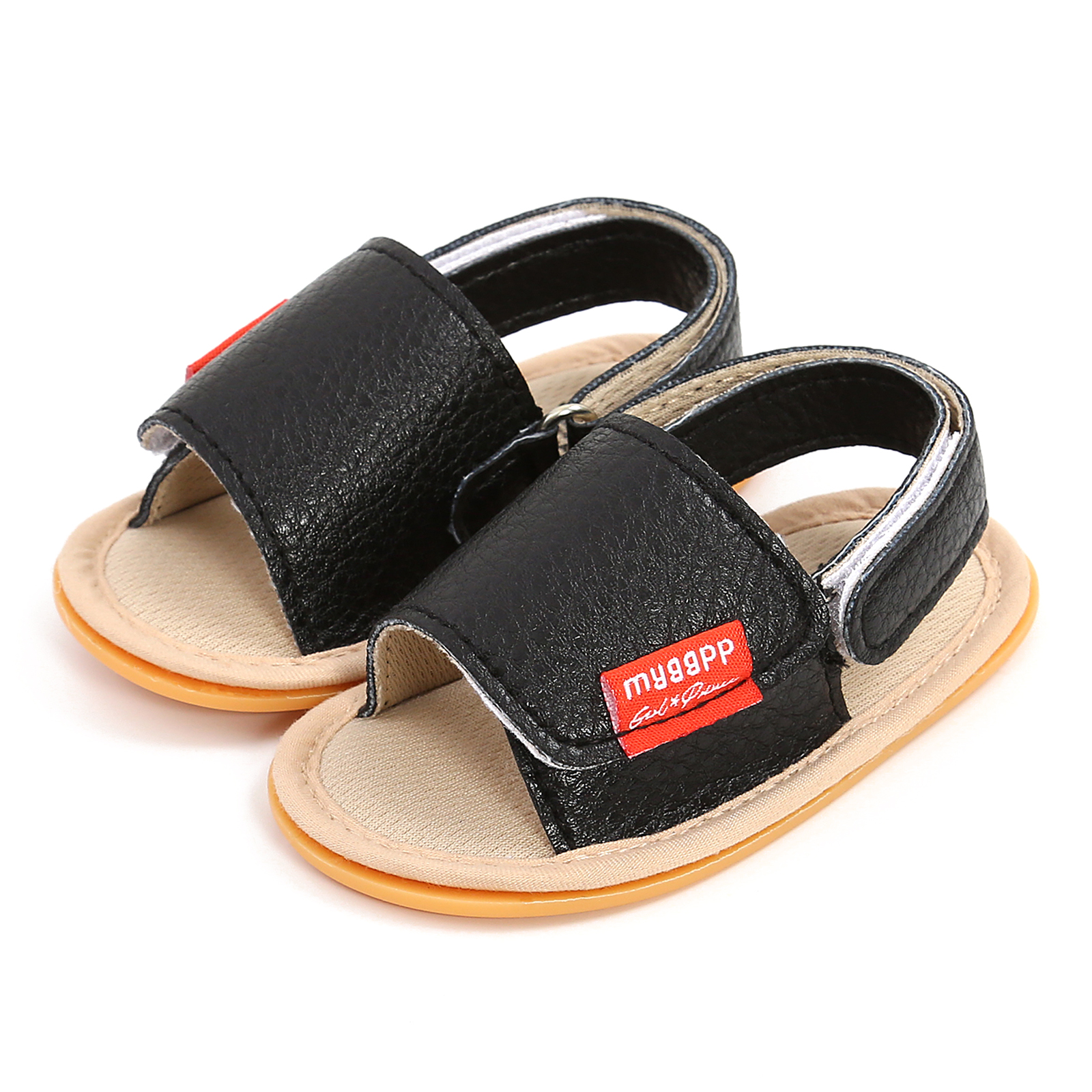 Sandales pour bébé solides/léopard, chaussures plates d'été légères antidérapantes avec fermeture à pression et boucle de talon: Black / 9-12Months