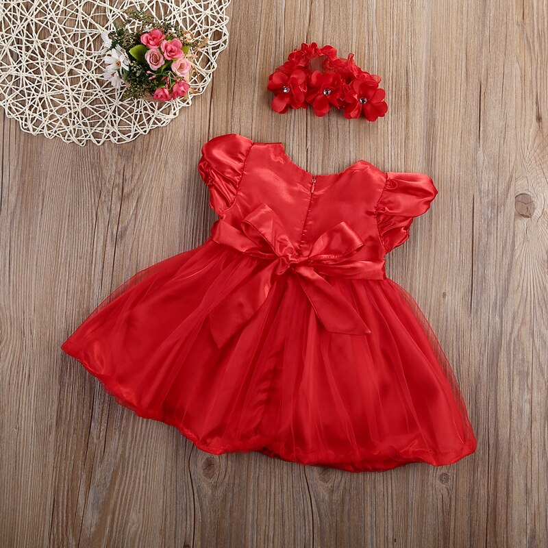 Baby piger røde blomster kjoler mesh tyl kort ærme kjole bryllupsfest prinsesse kjole pandebånd outfit sommer sommer tøj