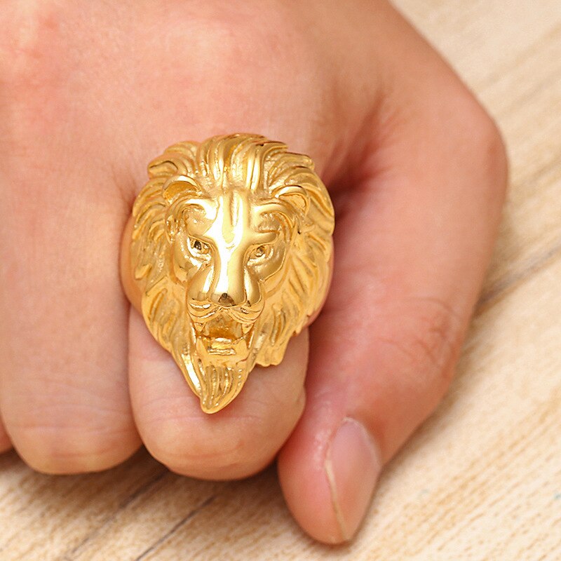 Anillo Signet para hombres, anillos de Leones de animales de acero inoxidable 316L de Color dorado para hombres, joyería de Hip Hop Rock, tallas estadounidenses 8-12