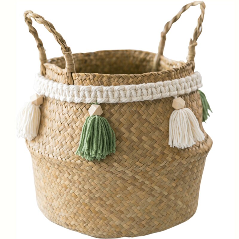 Panier Osier Wicker Basket Garden Flower Pot Study Room Storage Rattan Basket Home Organizer Basket: Green tassel / 27cmX24cm