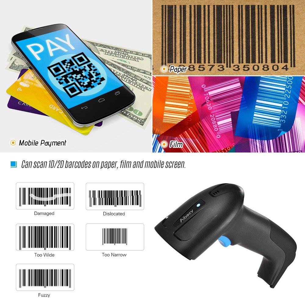Aibecy Handheld 3-in-1 Barcode Scanner BT&2.4G Wireless & Wired 1D 2D Bar Code Reader with Receiver USB Cable for Mobile Payment