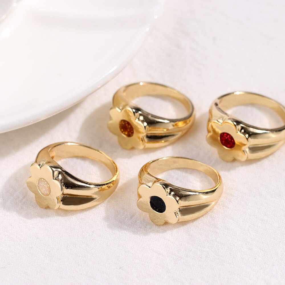 Flatfoosie Neue Koreanische Blume Metall Ringe für Frauen modisch Gold Farbe Emaille Blume Geometrische Index Finger Ringe Partei Schmuck