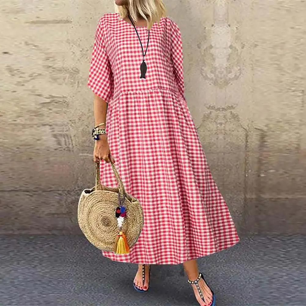 Short Sleeve Dress Stylish Check Print Maxi Dress for Women A-line Silhouette Short Sleeves Pleated for Commuting Dating