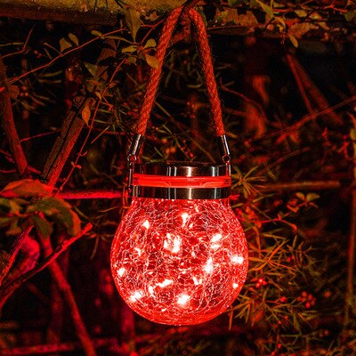 Sol led lampe sprekk hengende lys ball glass krukke lys utendørs hage dekorasjon tre lys kobbertråd lys julelys: Rød