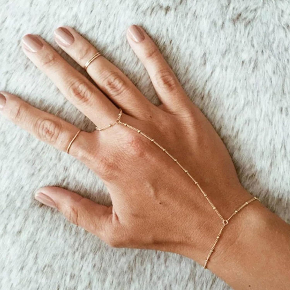 Elegant handkedjearmband ring guldpläterad handgjord länkkedjor förbindande sele armband handsmycken för kvinnor trendiga