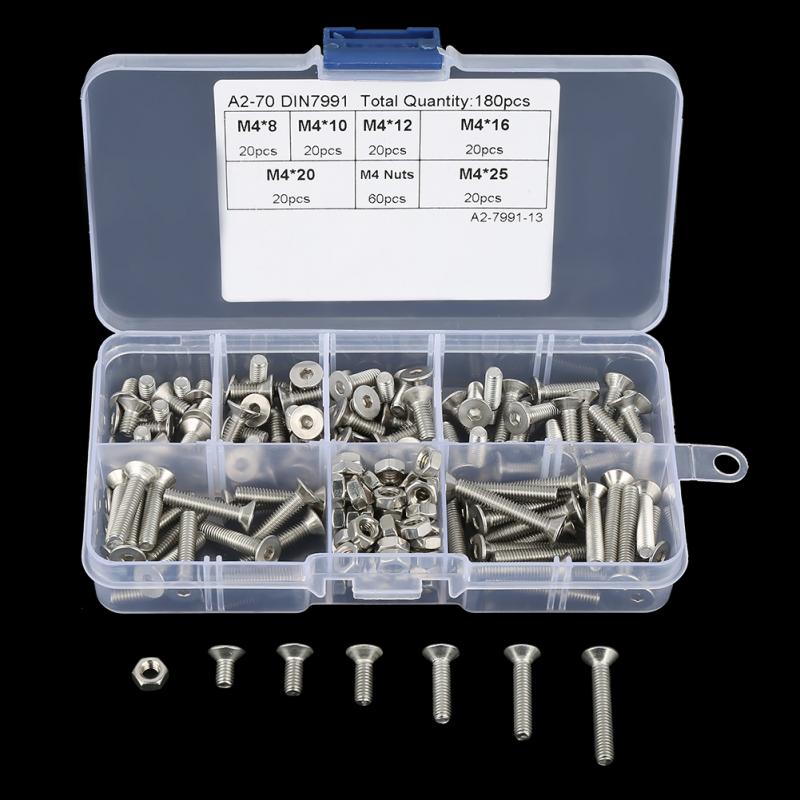 180Pcs/Lot M4 304 Stainless Steel Flat Head Bolt Screws Nuts Assortment Kit with Box Hex Socket Bolts and Nuts kit