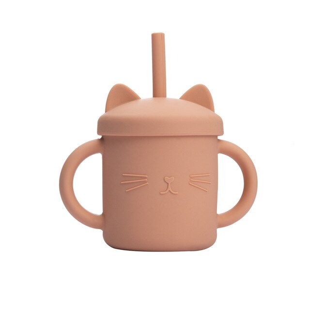 2PCS Baby Feeding Cups Silicone Drinkware Cute Cartoon Cat Sippy Cup For Toddlers Kids Sippy Cup Lids Solid With Handle Drinker: 1PcsKhaki