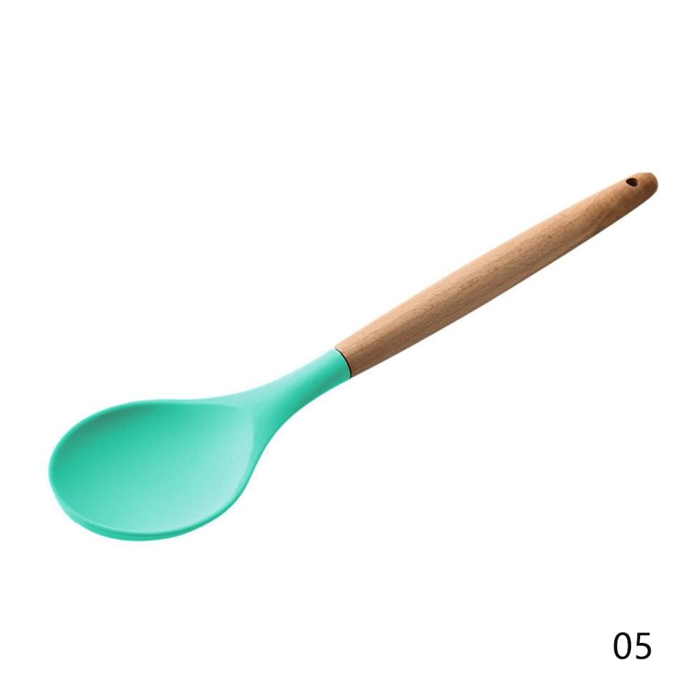 Wood Silicone Cooking Cake Utensils Natural Wood Handle Cooking Tools Turner Tongs Spoon Spatula Bakeware Kitchen Tools: Spoon Green