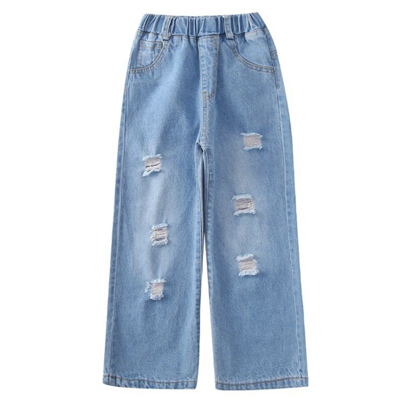 Girls Jeans Ripped Holes Children&#39;s Pants Soft Denim Pants Cotton Trousers Wide Straight-leg pants Jeans Kids Girls Jeans