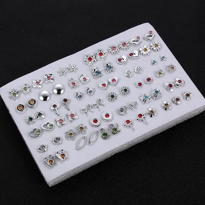 36pairs/set Silver Color Flower Stud Earring Set For Women Girl Crystal Bear Animals Kids Earrings Jewelry Mix Styles