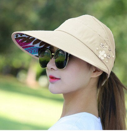 Kvinder sommer solhatte strand hat beskyttelse uv beskyttelse kvinde kasket afslappet dame sommer kasketter hestehale bred skygge hat: Beige