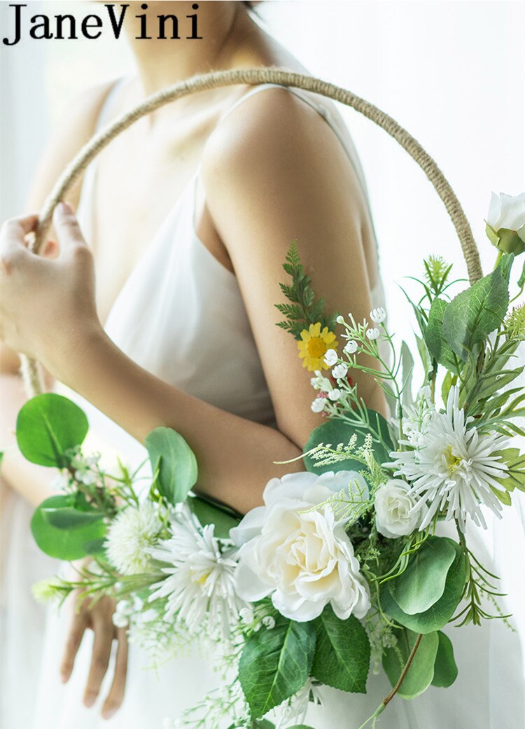 Janevini rose articielle hvid bryllupsbuket grøn brudepige blomst brud håndkrans kunstig brudebuket mariage blanc