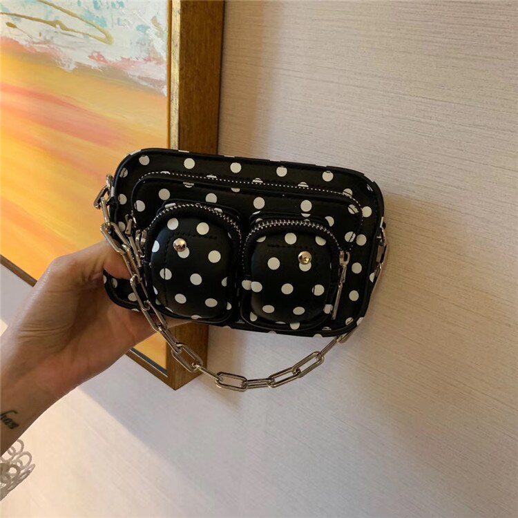 Dames handtas heuptasjes met stippen dames retro ketting pu leren borsttassen handtassen heuptasje: Zwart