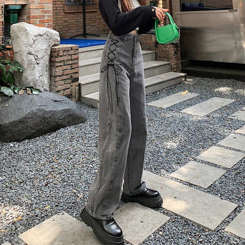 Jean gothique taille haute pour femme, pantalon en Denim, à jambes larges, à lacets sur le côté, Harajuku Y2K, Streetwear, droit