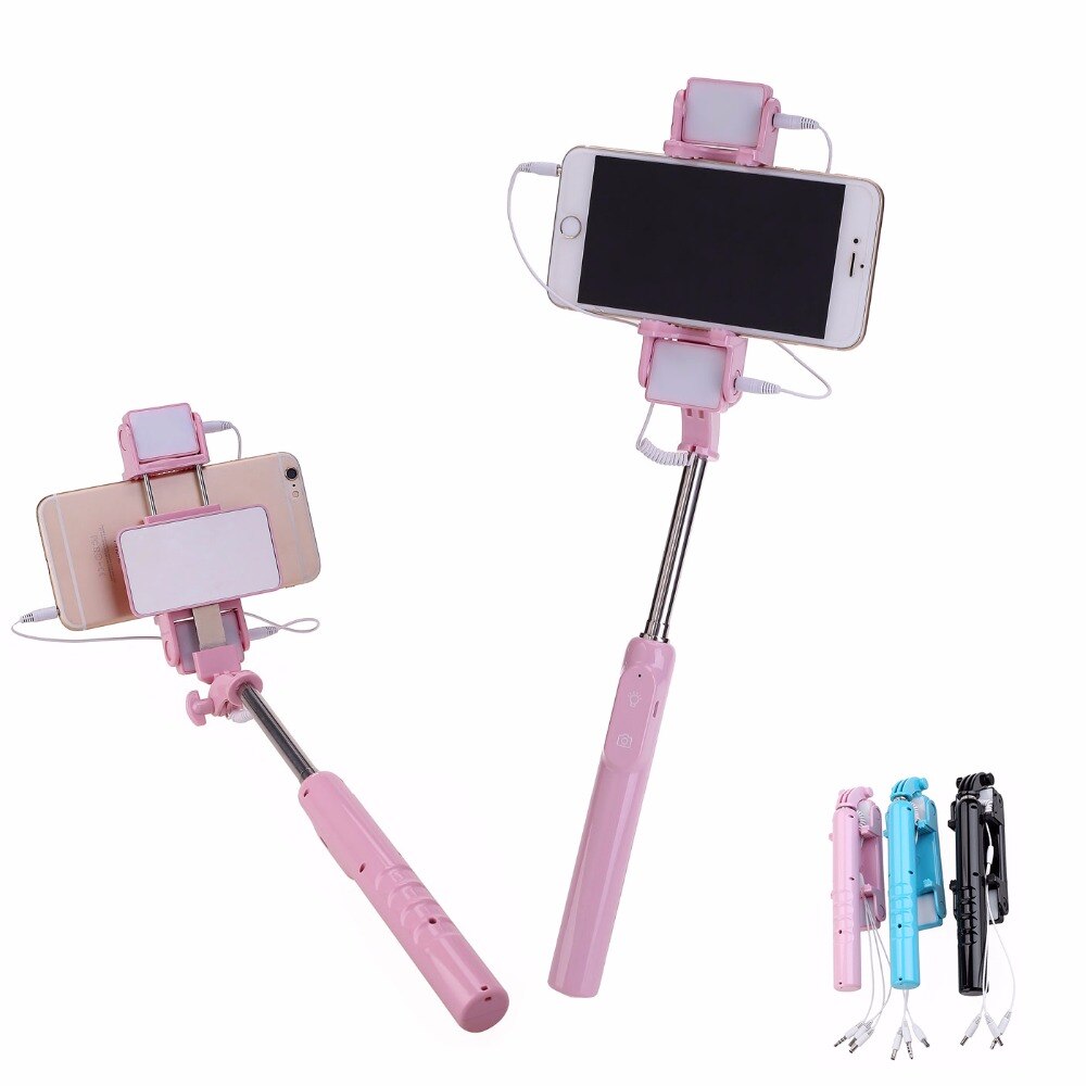 22-87 CM Uitschuifbare Bedrade Selfie Stick Met Licht Vullen 900 mah Monopod Met Spiegel voor 4-6 inch Android Iphone 6 6 s