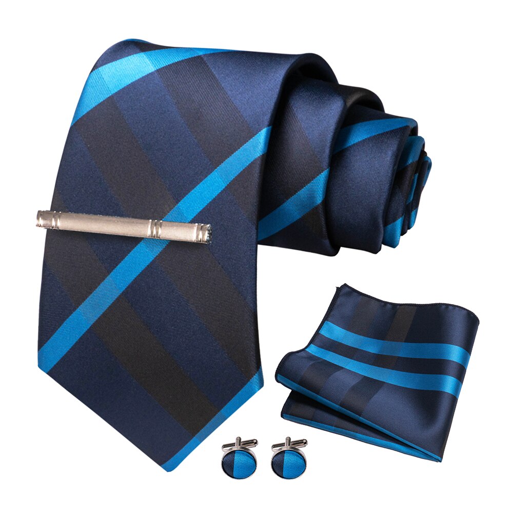 JEMYGINS – cravate en soie pour hommes, ensemble de boutons de manchette, à carreaux, rayures, bleu marine, 100%: 014