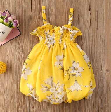 0-24m babymeisjesjurkjes in 4 kleuren, zomerbloemenprint, ruches, mouwloos mini-jurkje, zomerjurkje: Geel / 6m