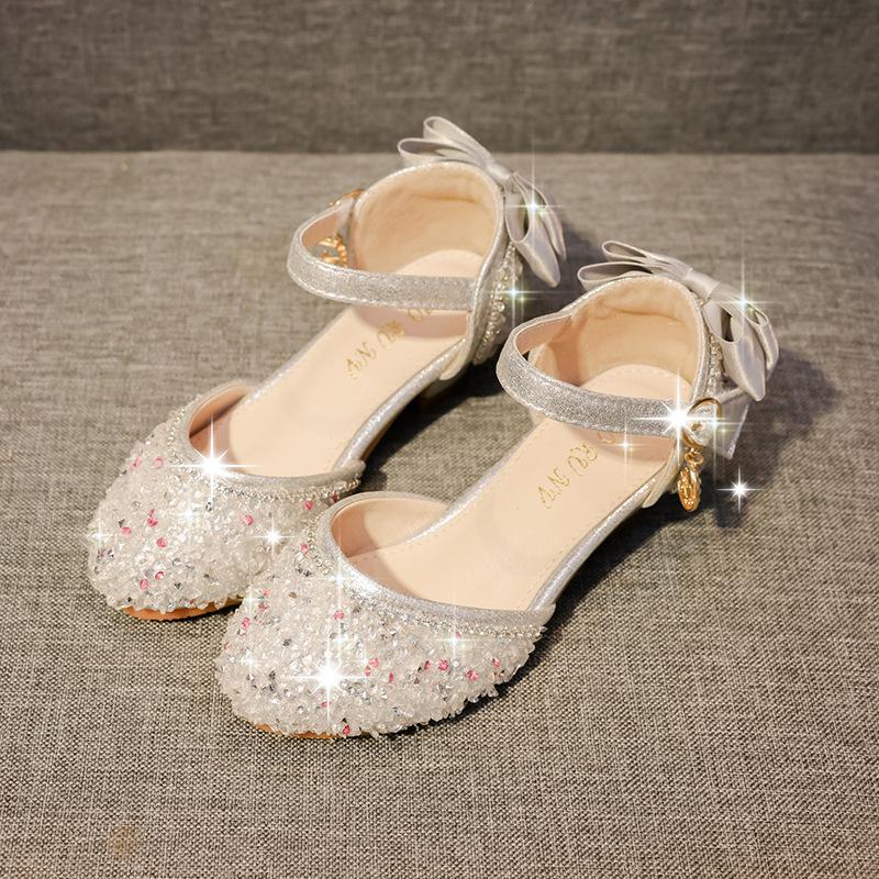 Zapatos de suela blanda de cristal para niñas pequeñas, sandalias individuales de baile de cristal, de princesa, para verano, B756: Plata / 33