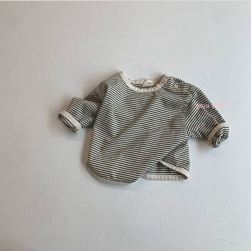 neue Koreanische Stil Herbst freundlicher Mädchen Jungen T-Hemden Gestreiften Langen Ärmeln Bodenbildung Runde Kragen Hemd freundlicher Kleidung E7367: Grün / 66cm 0-6M