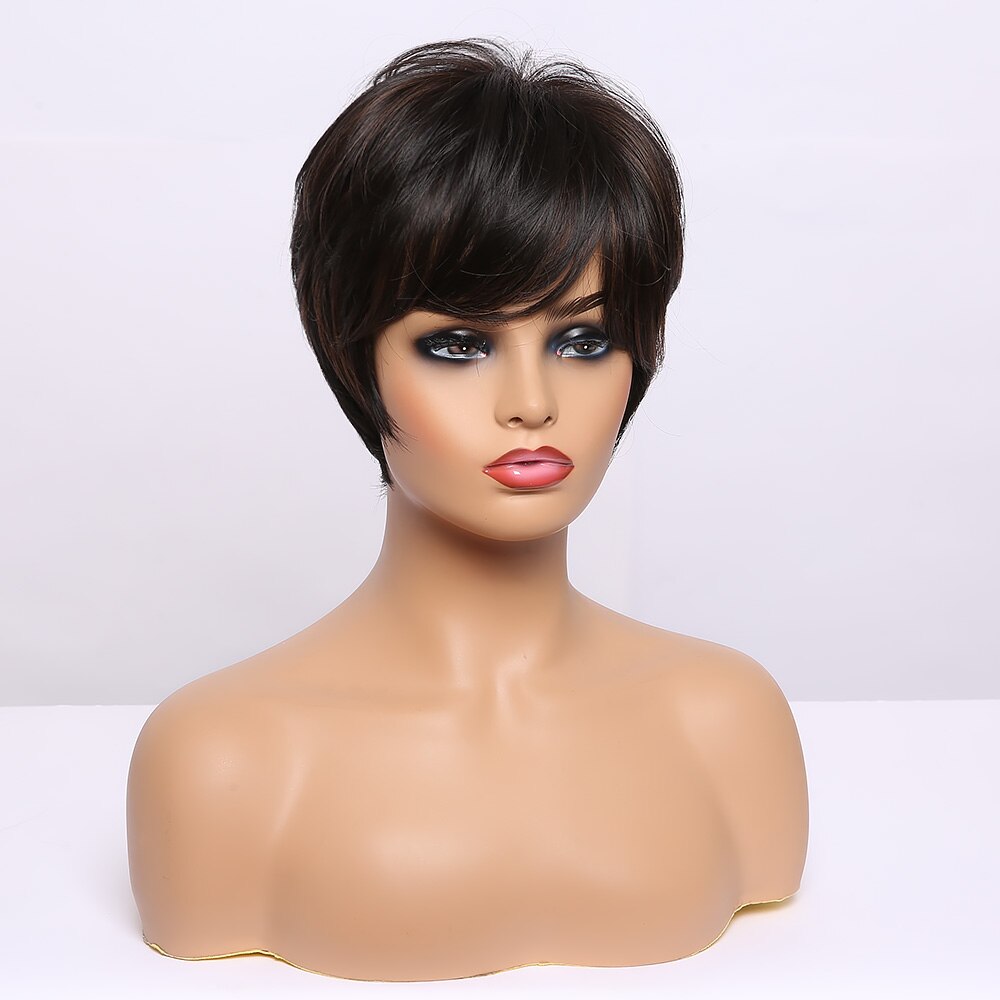 ALAN EATON Mixed Black Brown Wigs for Women Afro Short Straight Bob Wigs with Side Bangs High Temperature Fiber Pixie Cute