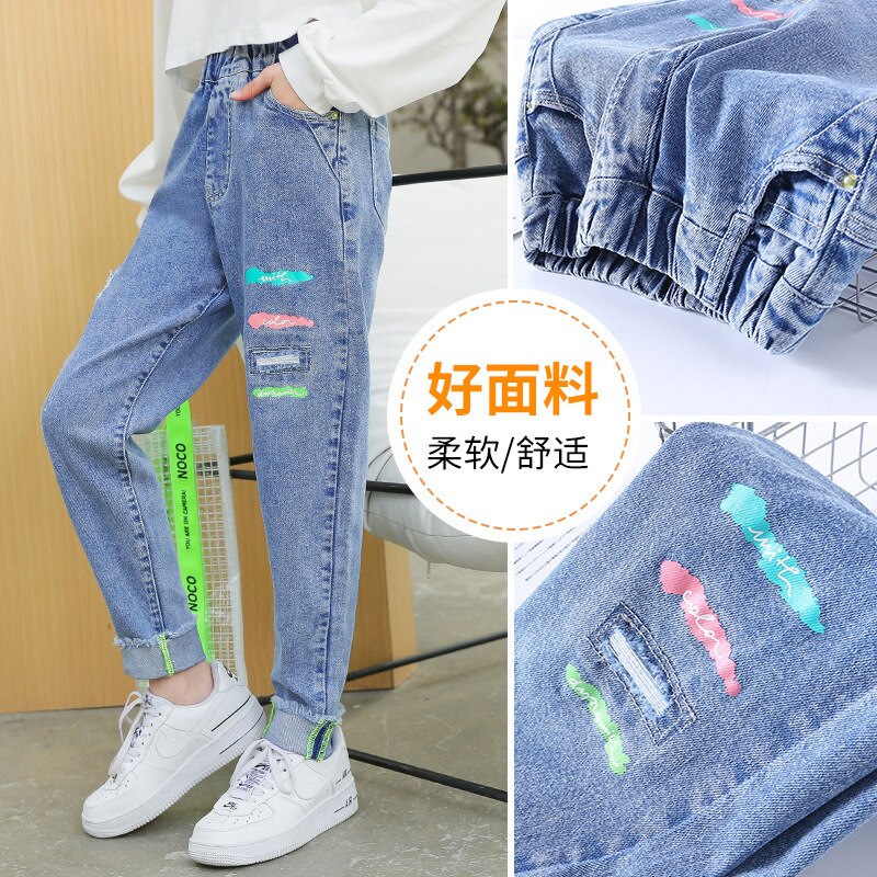 Aankomst Meisje Jeans Tiener Meisjes Skinny Jeans Kinderen Klassieke Mid Taille Print Jeans Meisjes Blauw Denim Broek Kids Meisjes kleding