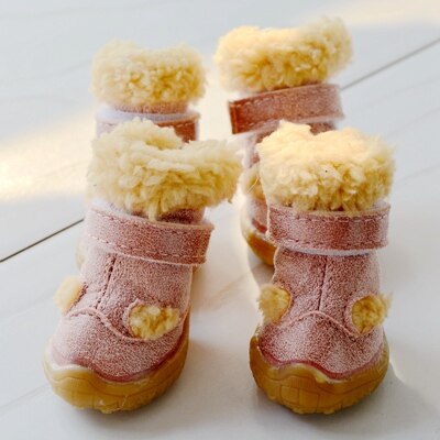 Snow Winter Season Shoes For Dogs Warm 4pcs/set Non-slip Little Small Pet Puppy Animal Footwear With Fur Chihuahua Pugs Boots: Pink / 1
