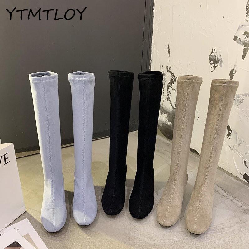 Höststövlar dam flock långa botas platåkängor skor kvinna höga stövlar dam knähög fyrkantig klack